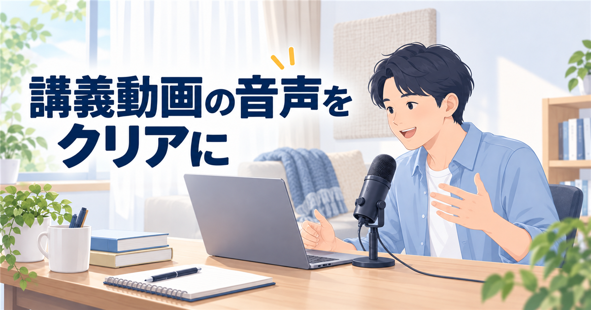 講義動画の音声をクリアにするため、パソコンとUSBマイクを使って収録する講師