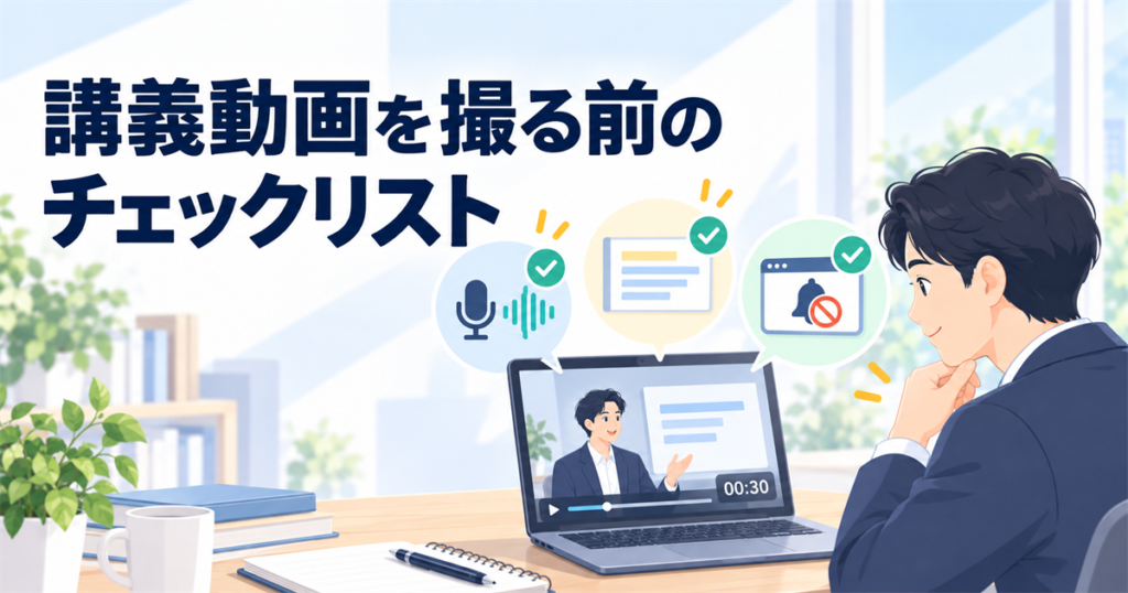 講義動画を撮る前に30秒の試し録りで音・文字・画面を確認する様子