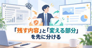 既存のPowerPoint資料をAIで修正する前に、残す内容と変える部分を仕分けるイラスト