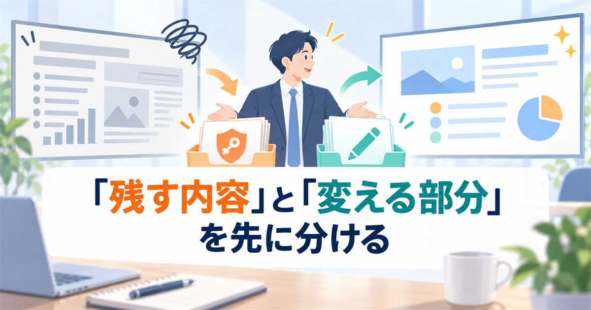 既存のPowerPoint資料をAIで修正する前に、残す内容と変える部分を仕分けるイラスト