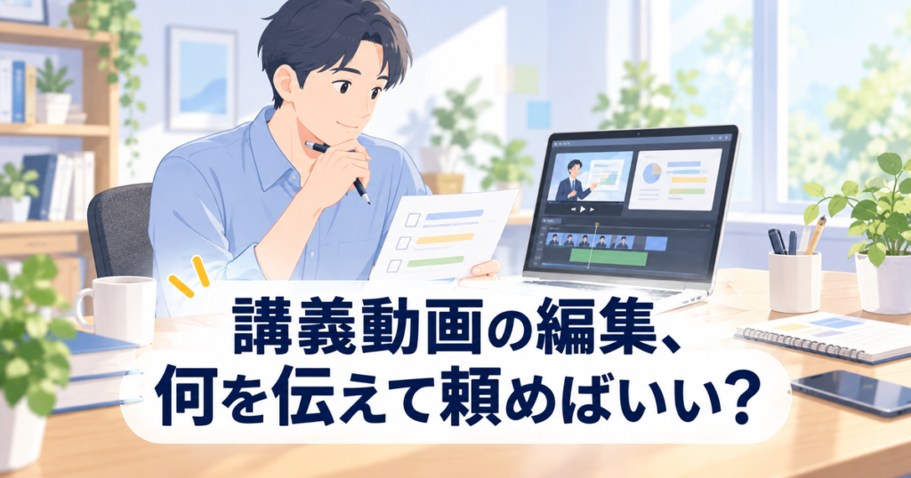 講義録画のパソコン画面と編集指示メモを見比べる講師