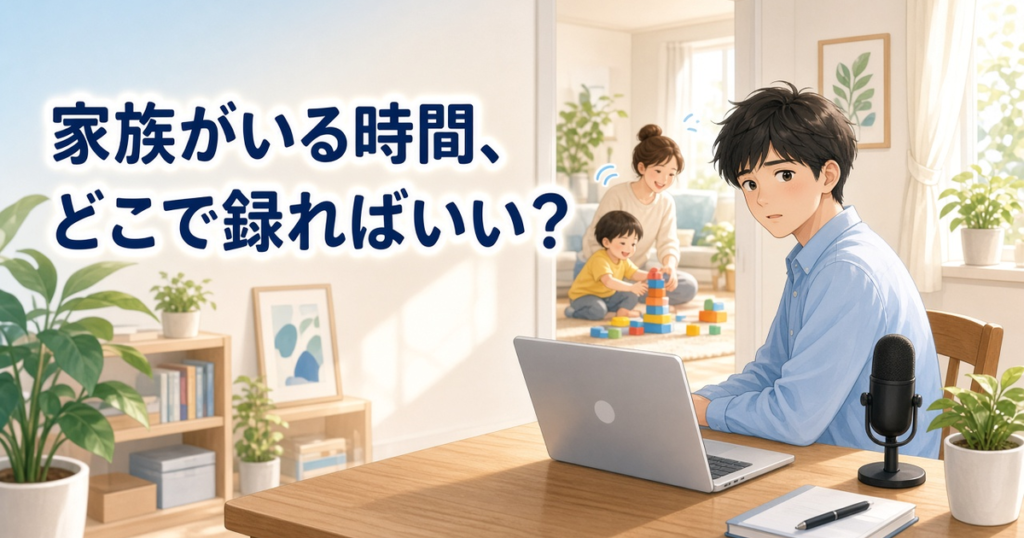 子どもが遊ぶ隣の部屋を気にしながら、ノートパソコンとマイクを置いた机で収録場所に迷う講師